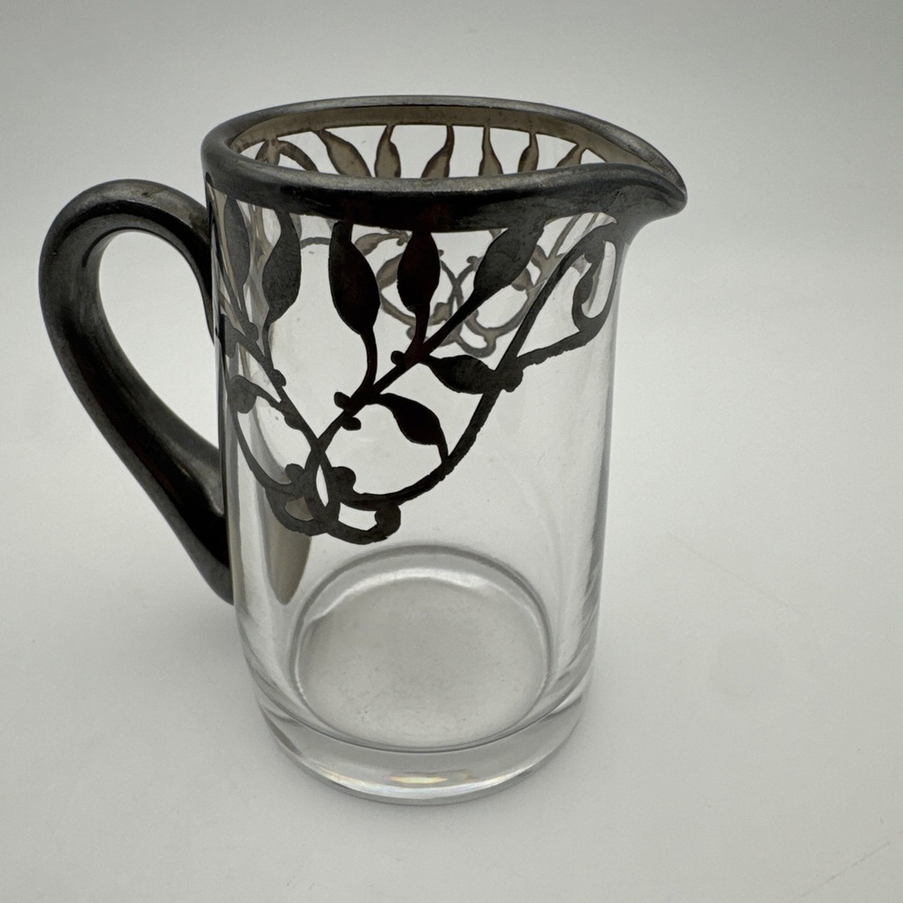 Antique STERLING Silver Overlay Creamer Pitcher Mini Individual Floral Glass